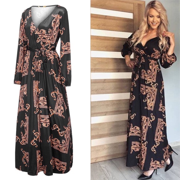 🌺 DRESS PAISLEY DESIGNER BAROQUE LONG SLEEVE MAXI BLACK BROWN FANCY ELEGANT - Picture 9 of 9